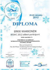 Диплом старейшего участника Чемпионата Мира по зимнему плаванию-2012 в Юрмале